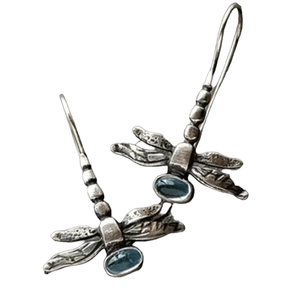 Boho Silver Dragonfly Drop Style Earrings